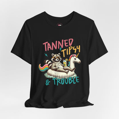 Tanned, Tipsy & Trouble Summer Tee, Fun Casual Wear, Beach Party Shirt, Unicorn Theme Gift, Playful Vacation Outfit