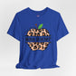 Blue t-shirt with a leopard print apple and 'Math Teacher' text on a white background
