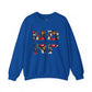 Blue sweatshirt with colorful 'NP' design and text on a white background