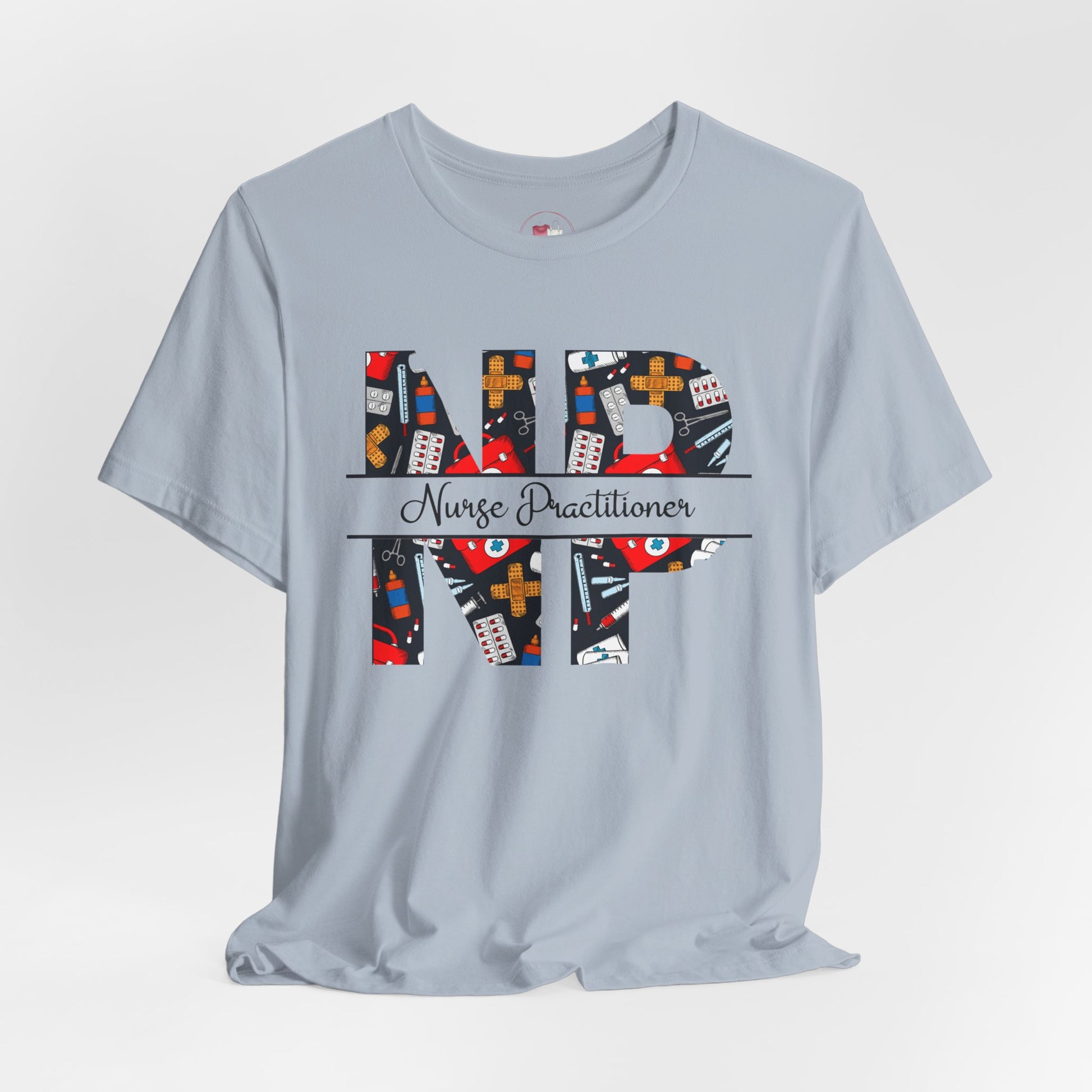 light blue  t-shirt with colorful 'NP' Nurse Practitioner' design on a light gray background