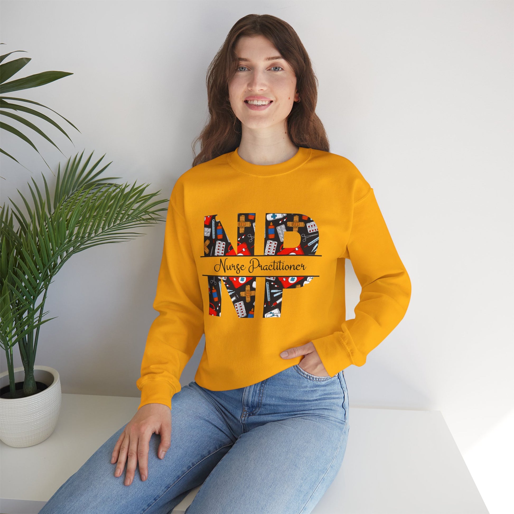 Gold  sweatshirt with 'NP' Nurse Practitioner' design.