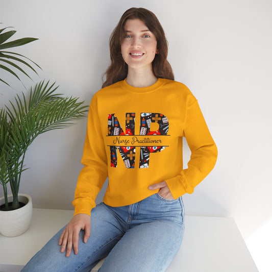 Gold  sweatshirt with 'NP' Nurse Practitioner' design.