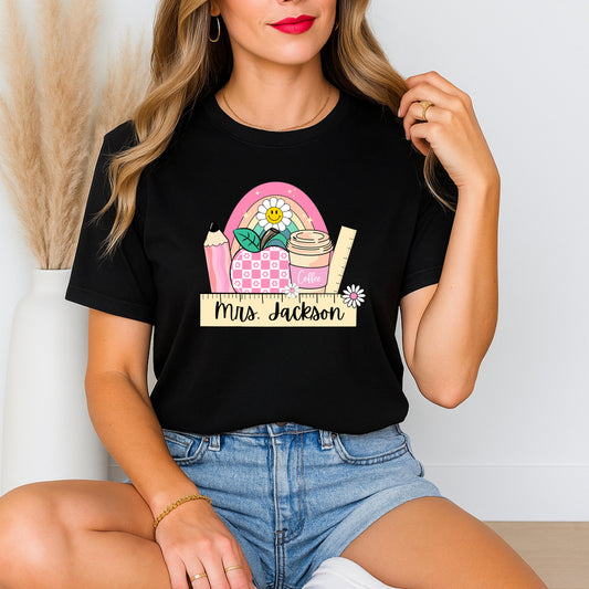 Personalized Teacher Shirt with Coffee Cup Pencil Ruler Apple and Rainbow, Back to School Cute Teacher Gift, Graphic Tee for Educators, Inspirational Casual Top