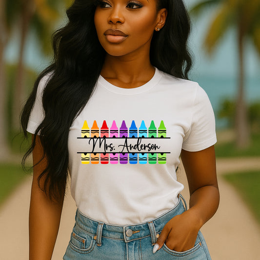 Personalized Teacher Crayon Shirt with Custom Name, Rainbow Back to School T-Shirt, Kindergarten Preschool Teacher Gift Tee