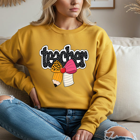 Cute Teacher Sweatshirt with Pencil Bow Graphic for Women – Back to School Teacher Crewneck Gift – Comfy Teacher Appreciation Shirt