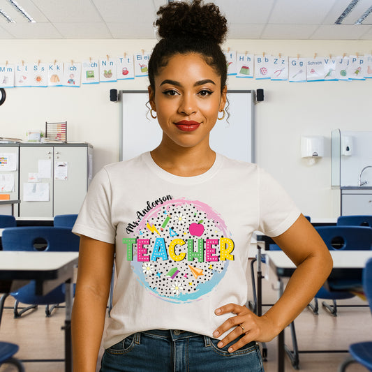 Personalized Teacher Shirt with Name | Custom Teacher Graphic Tee with Colorful School Design | Back to School Gift for Educators