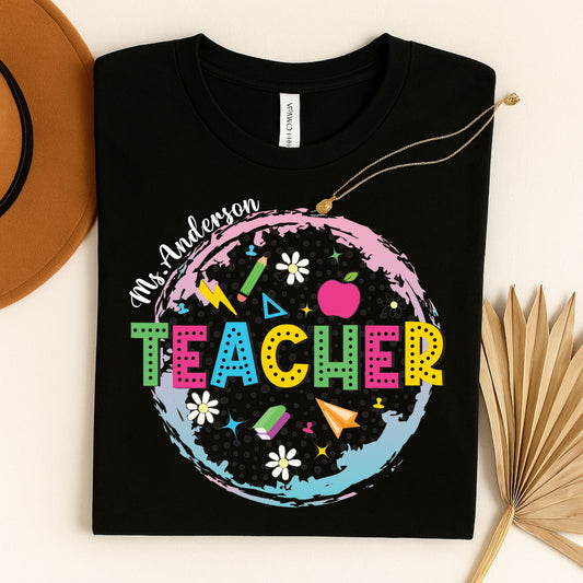 Personalized Teacher Shirt with Name | Custom Teacher Graphic Tee with Colorful School Design | Back to School Gift for Educators