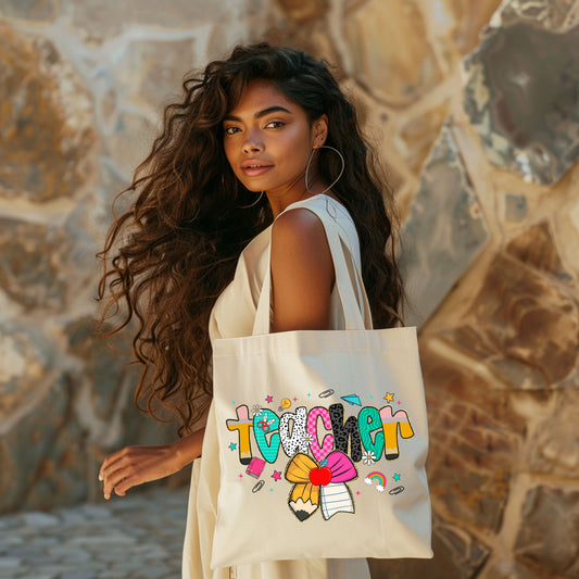 Colorful Teacher Tote Bag with Pencil, Apple Bow Design, Cute Canvas Gift for Educators, Back to School Teacher Appreciation Bag