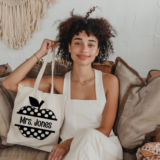 Personalized Teacher Tote Bag, Custom Canvas Bag, Cute Apple Design, Back to School, Eco-Friendly Shopper