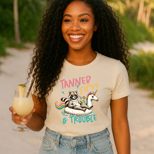 Tanned, Tipsy & Trouble Summer Tee, Fun Casual Wear, Beach Party Shirt, Unicorn Theme Gift, Playful Vacation Outfit