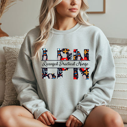 Licensed Practical Nurse sweatshirt with bold LPN letters and medical-theme pattern, cozy gift for nurses. 