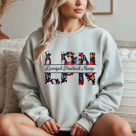 Licensed Practical Nurse sweatshirt with bold LPN letters and medical-theme pattern, cozy gift for nurses. 