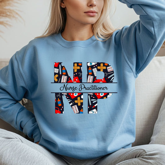 Light blue sweatshirt with 'NP' Nurse Practitioner' design.