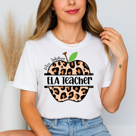 Personalized Leopard Print Apple Reading Teacher Shirt, Custom ELA Teacher Gift Back to School Tee, English Language Arts Shirt for Women