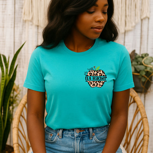 Personalized ELA Teacher Leopard Print Tee, Unisex Short Sleeve Shirt for women, Gifts for Educators, Back to School Apparel, Apple T-shirt, Classroom Outfit
