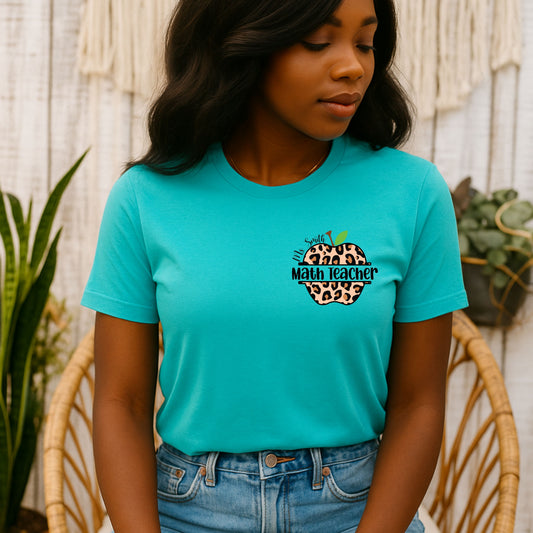 Personalized Math Leopard Print Teacher Tee, Cute Teacher T-Shirt, Math Teacher Gift, Back to School Shirt, Funny Educator Top, Animal Print T-Shirt