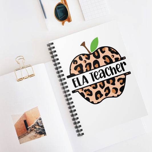 Notebook with leopard print apple design and 'ELA Teacher' text on a white surface.