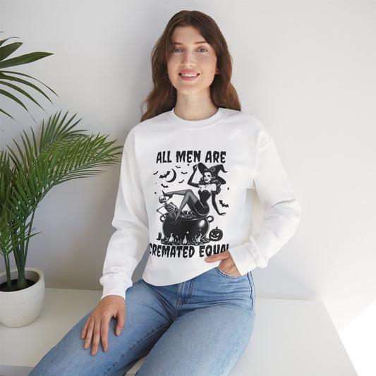Funny Halloween Witch Shirt for Women, All Men Are Cremated Equal Vintage Pinup Graphic Tee, Halloween Witch Sweatshirt, Cozy Unisex Pullover, Fall Fashion, Halloween Gift, Creepy Cute Apparel