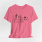 Pink  t-shirt with 'It is finished' text and cross design on a white background, Bible scripture 