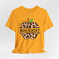 Yellow t-shirt with leopard print apple design and 'Math Teacher' text on a white background