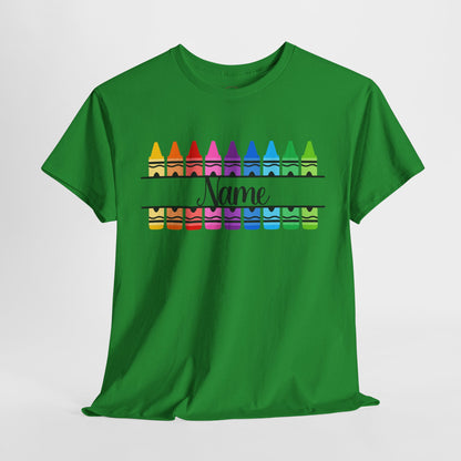 Personalized Teacher Crayon Shirt with Custom Name, Rainbow Back to School T-Shirt, Kindergarten Preschool Teacher Gift Tee