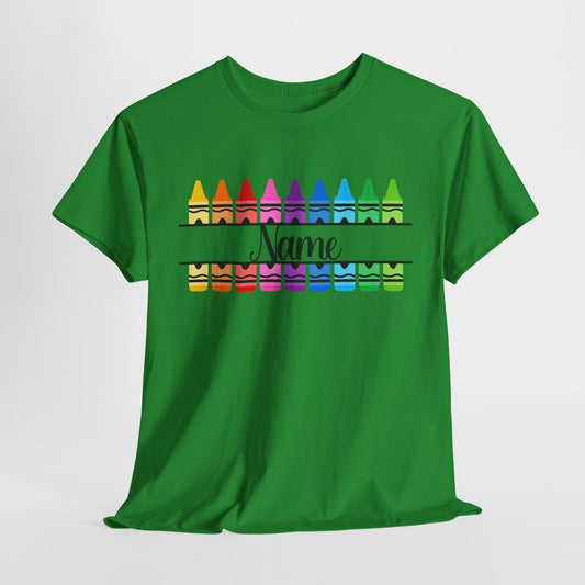 Personalized Teacher Crayon Shirt with Custom Name, Rainbow Back to School T-Shirt, Kindergarten Preschool Teacher Gift Tee
