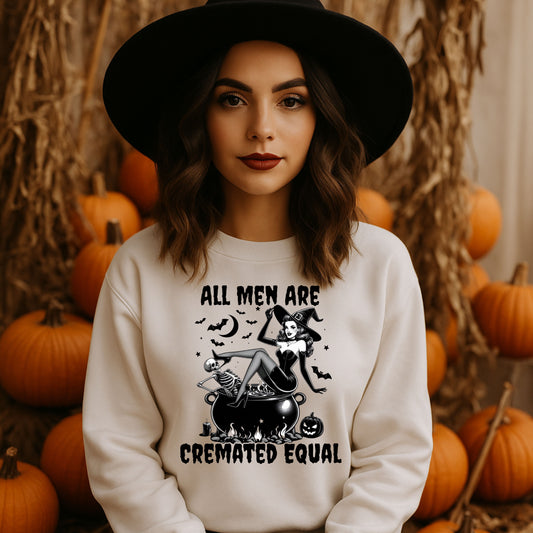Funny Halloween Witch Shirt for Women, All Men Are Cremated Equal Vintage Pinup Graphic Tee, Halloween Witch Sweatshirt, Cozy Unisex Pullover, Fall Fashion, Halloween Gift, Creepy Cute Apparel