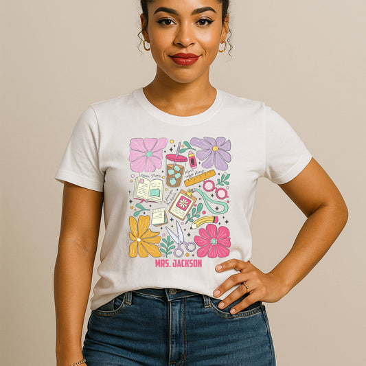 Personalized Educator Essential Tee, Floral Book Lover Tee, Ideal Gift for Readers, Summer Casual Wear, Book Club T-Shirt, Cozy Reading Shirt, Perfect for Birthdays