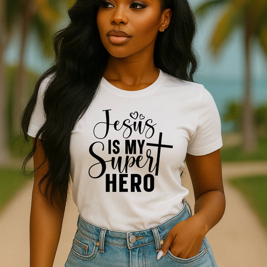 Christian based white t-shirt with 'Jesus is my super hero' text.