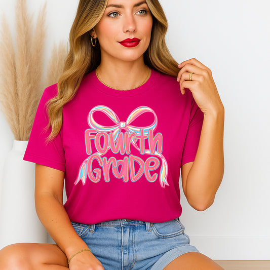 Personalized Back to School Teacher Shirt with Pink Bow Design for Pre-K-Fourth Grade Educators, Back to School Gift, Teacher Appreciation, Fun Classroom Wear,