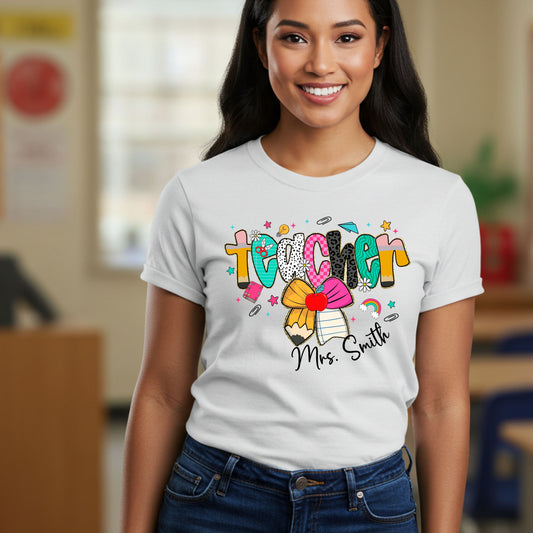 Personalized Teacher Shirt with Name Custom Pencil Bow Design Back to School Tee Gift for Educators Women Cute Teaching T Shirt