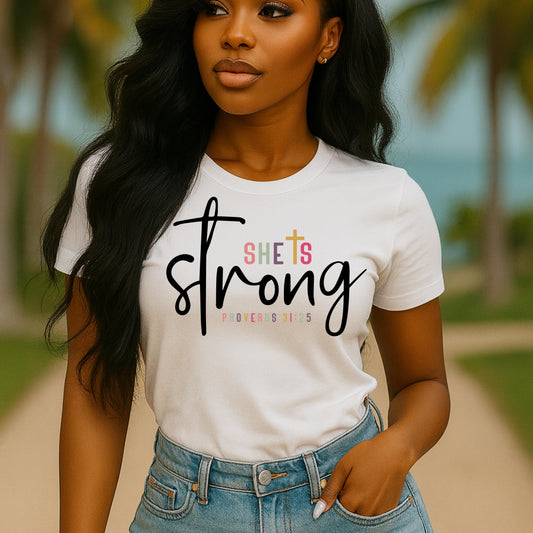 Christian Proverbs 31:25 Shirt, She Is Strong Bible Verse Graphic Tee, Faith Inspirational Religious Gift for Women, Spiritual Christian Apparel Faith Tee